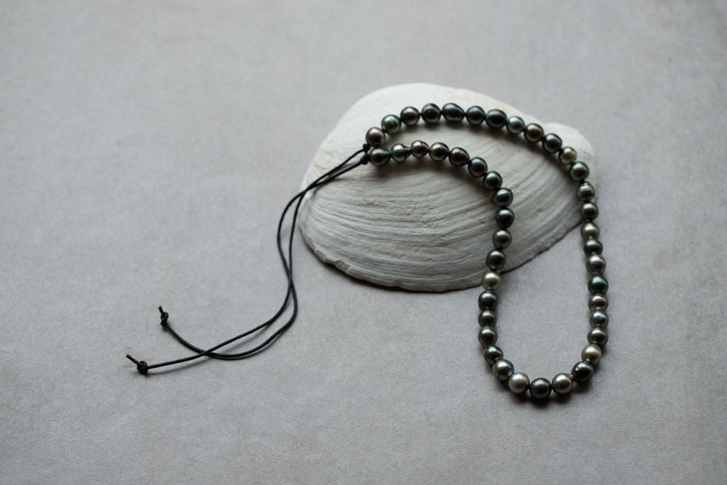 Tahitian pearl strand on leather necklace