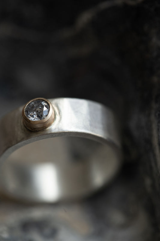 Sterling and diamond hammered wide band ring